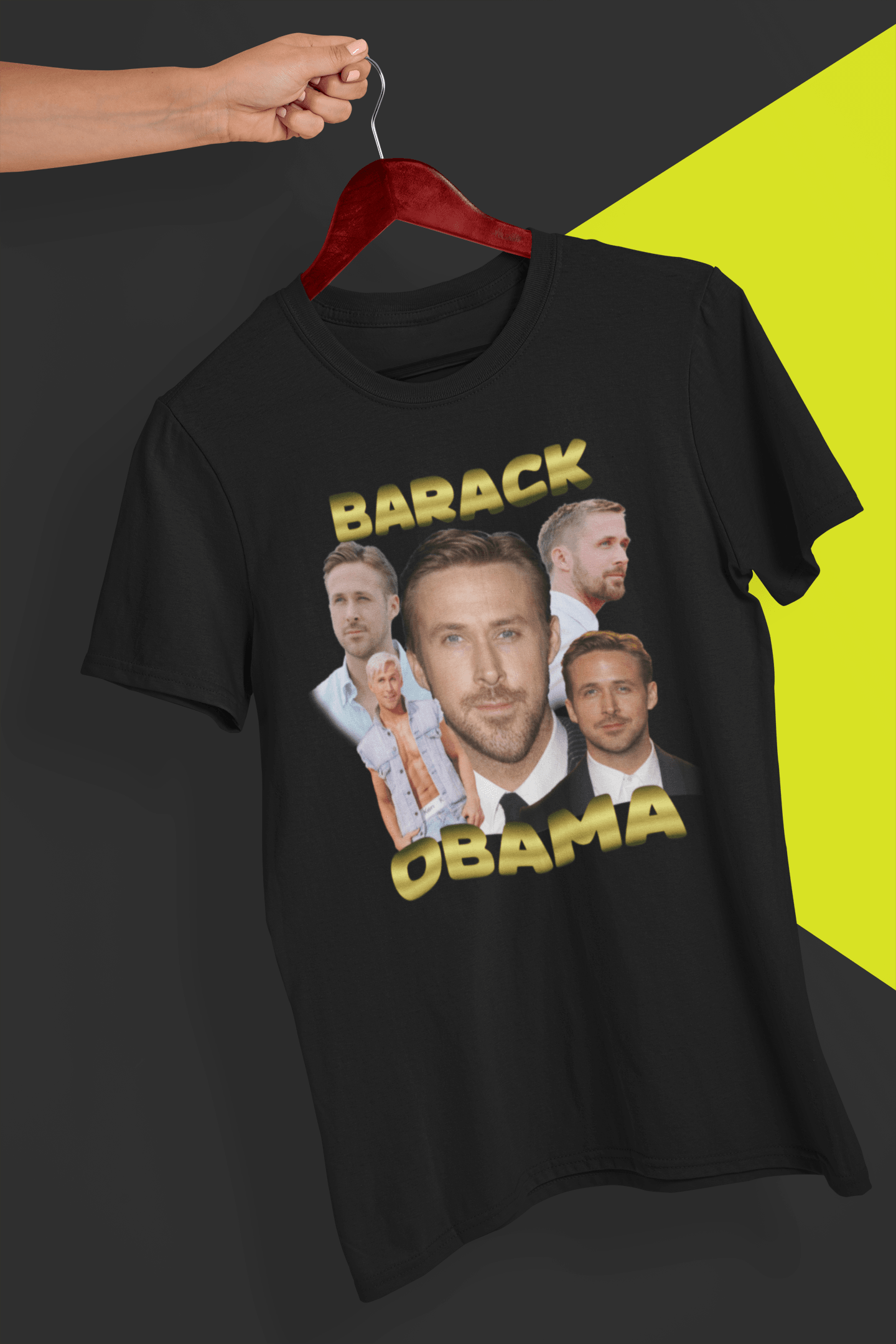 A black T-shirt with the actor Ryan Gosling written &quot;Barack Obama&quot;. is hung on a red hanger, held by a hand against a split black and yellow background.