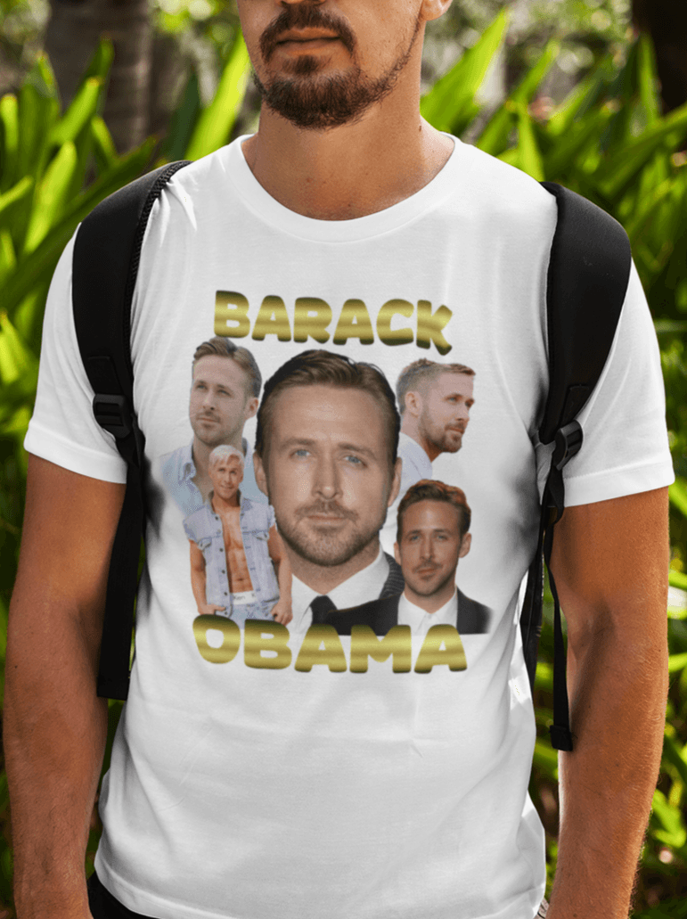 A person wears a white T-shirt featuring the actor Ryan Gosling written &quot;Barack Obama&quot;.
