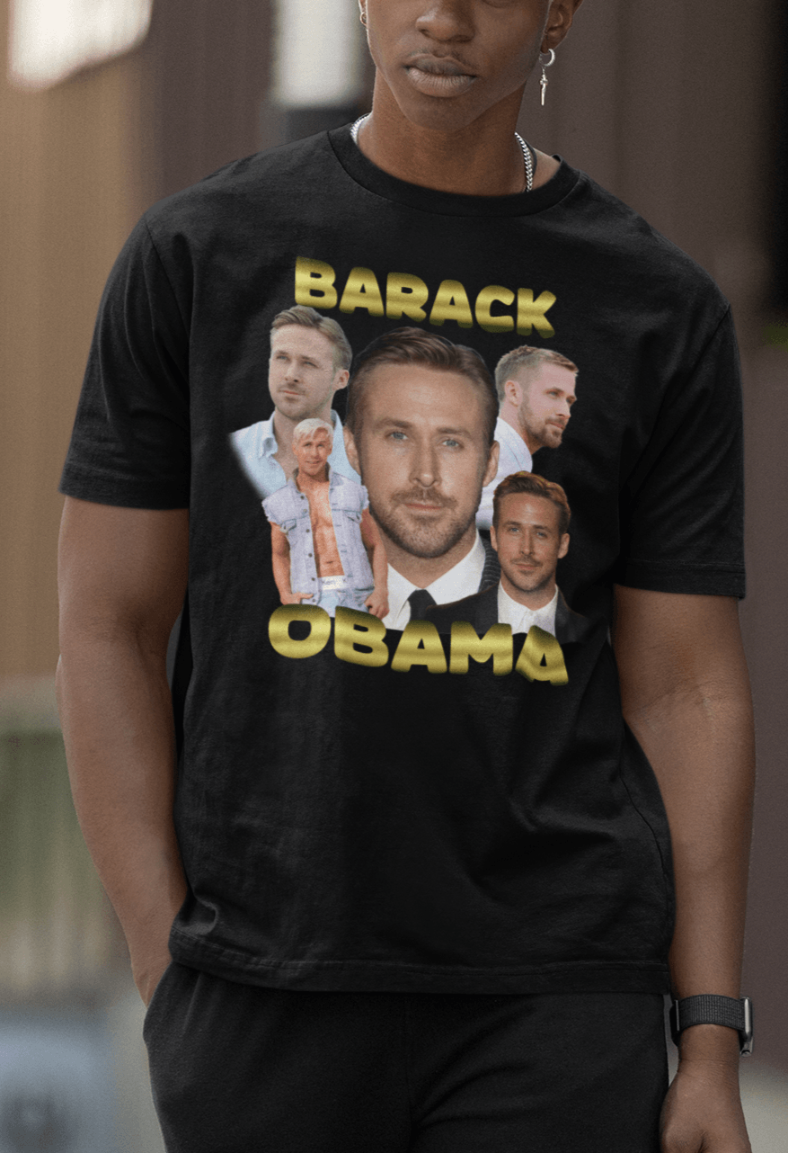 A person wears a black T-shirt featuring the actor Ryan Gosling written &quot;Barack Obama&quot;.