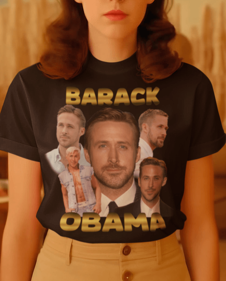 A person wears a black T-shirt featuring the actor Ryan Gosling written &quot;Barack Obama&quot;.