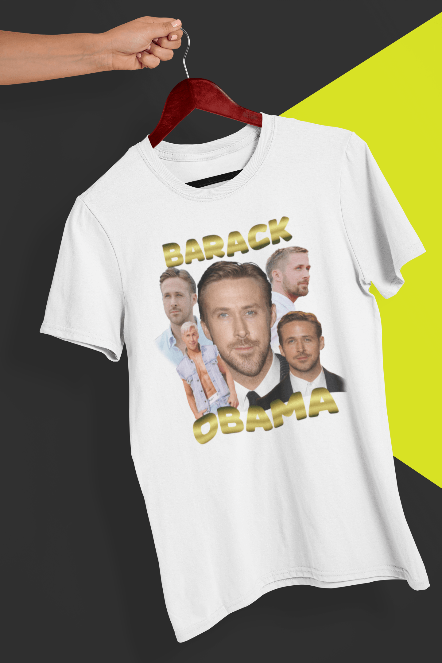 A white T-shirt with the actor Ryan Gosling written &quot;Barack Obama&quot;. is hung on a red hanger, held by a hand against a split black and yellow background.