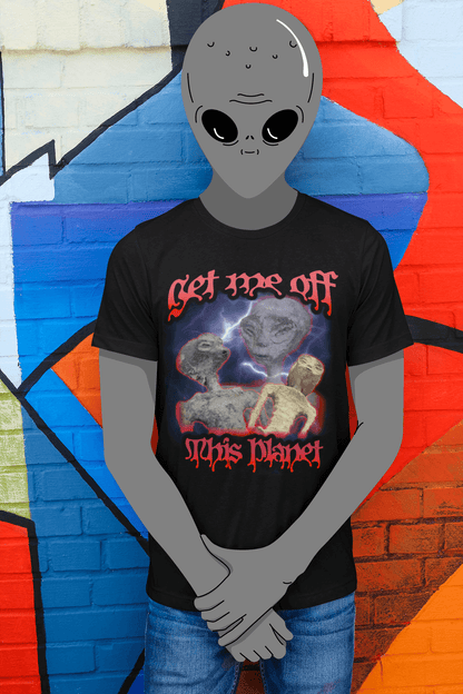 A gray men wearing a bootleg style t-shirt of 3 funny looking aliens written &quot;Get me off this planet&quot; in red bloody font