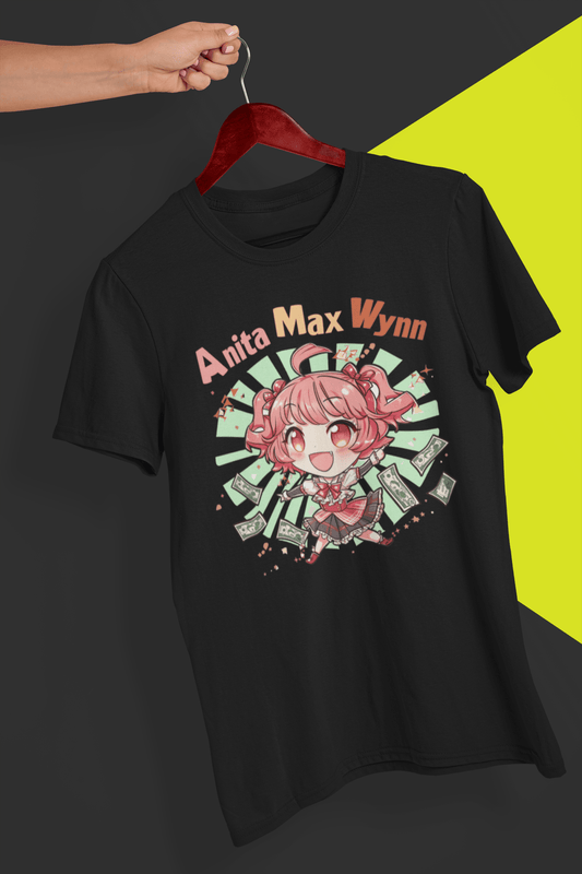 A black T-shirt with a cute chibi anime girl that says &quot;Anita Max Wynn&quot;, held by a hand against a split black and yellow background.