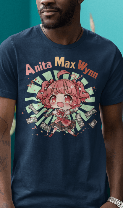 A man wears a navy-blue t-shirt with a cute chibi anime girl that says &quot;Anita Max Wynn&quot;.