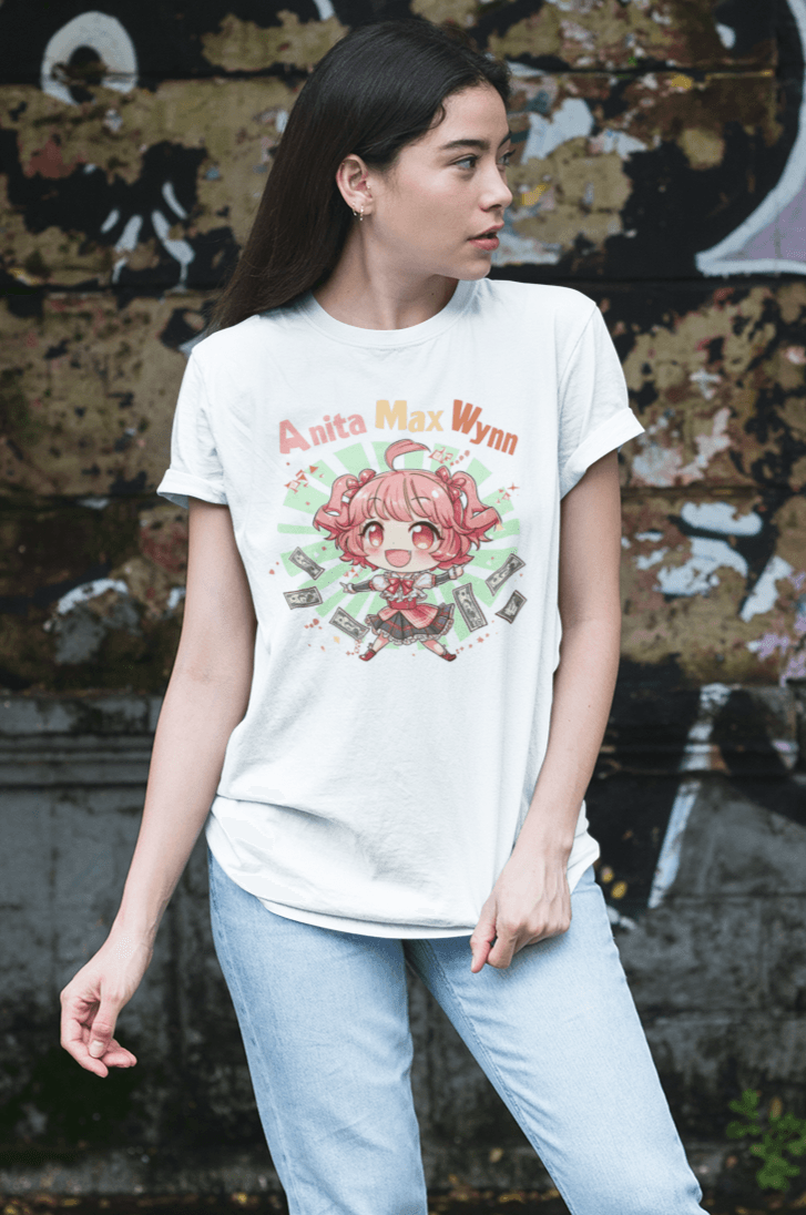 A woman wears a white t-shirt with a cute chibi anime girl that says &quot;Anita Max Wynn&quot;.