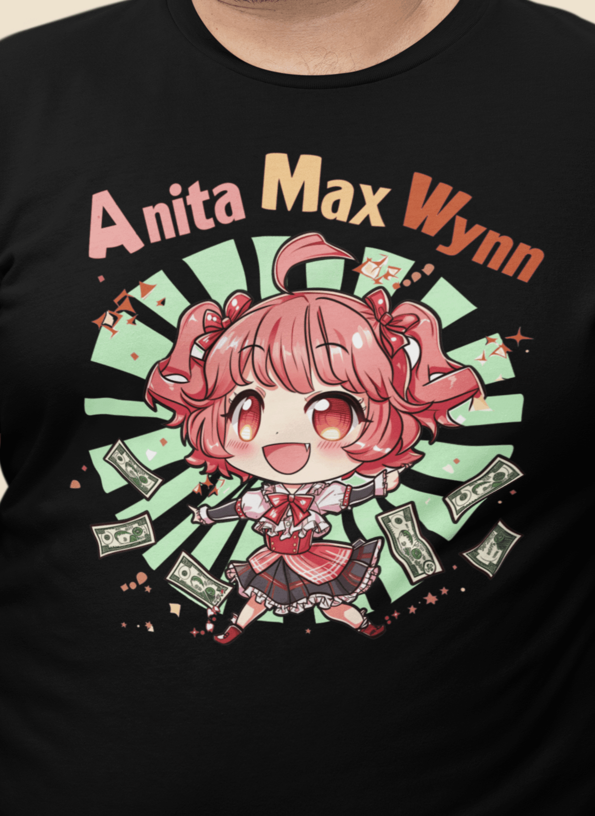 A man wears a black t-shirt with a cute chibi anime girl that says &quot;Anita Max Wynn&quot;.