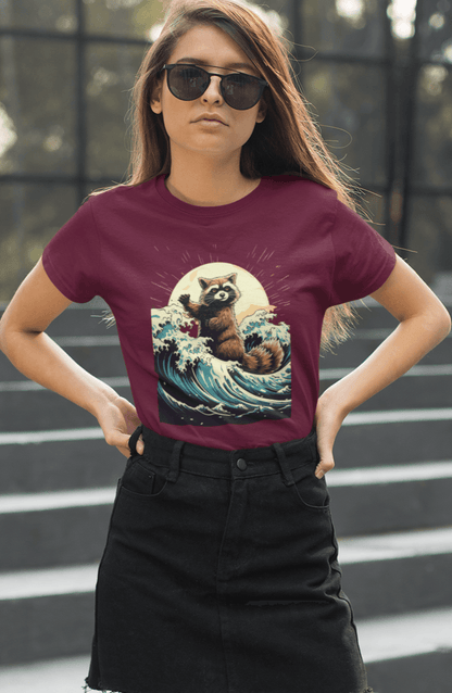 A woman wears a dark red T-shirt with an aesthetic racoon in the waves.