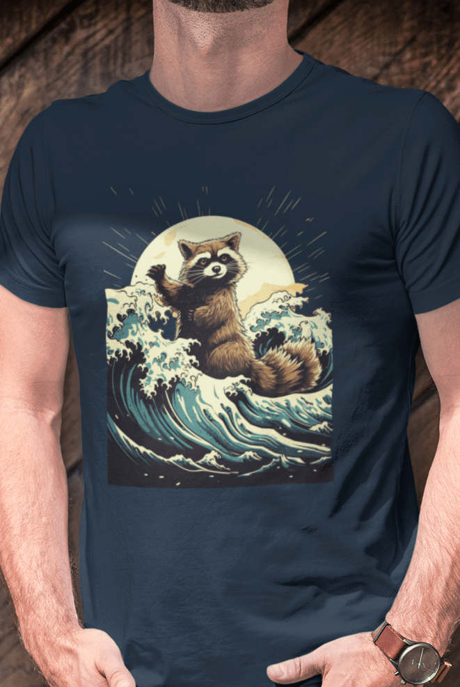 A man wears a navy-blue T-shirt with an aesthetic racoon in the waves.