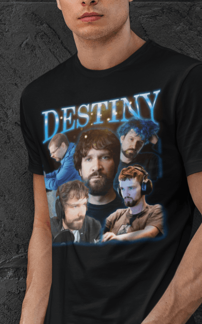 A man wears a black T-shirt featuring a bootleg design of Steven Destiny Bonell The Second written &quot;Destiny&quot; on top.