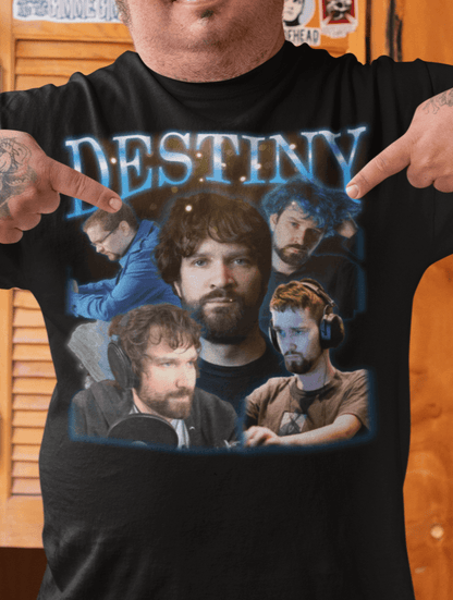 A man wears a black T-shirt featuring a bootleg design of Steven Destiny Bonell The Second written &quot;Destiny&quot; on top.