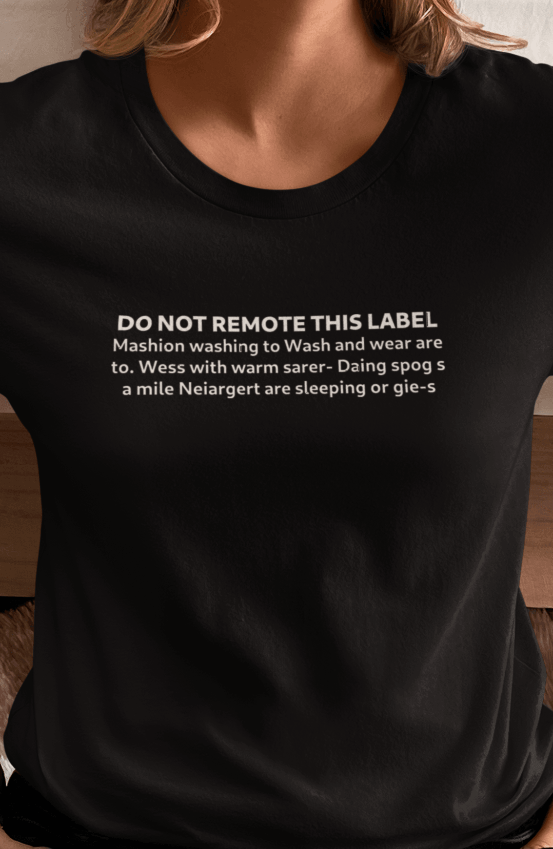 A woman wears a black T-shirt that says &quot;DO NOT REMOTE THIS LABEL Mashion washing to Wash and wear are to. Wess with warm sarer- Daing spog s a mile Neiargert are sleeping or gie-s&quot;.