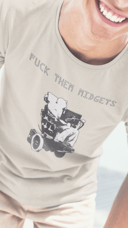 A man wears an off-white T-shirt featuring Stephen Hawking on his wheelchair saying &quot;Fuck them midgets&quot;