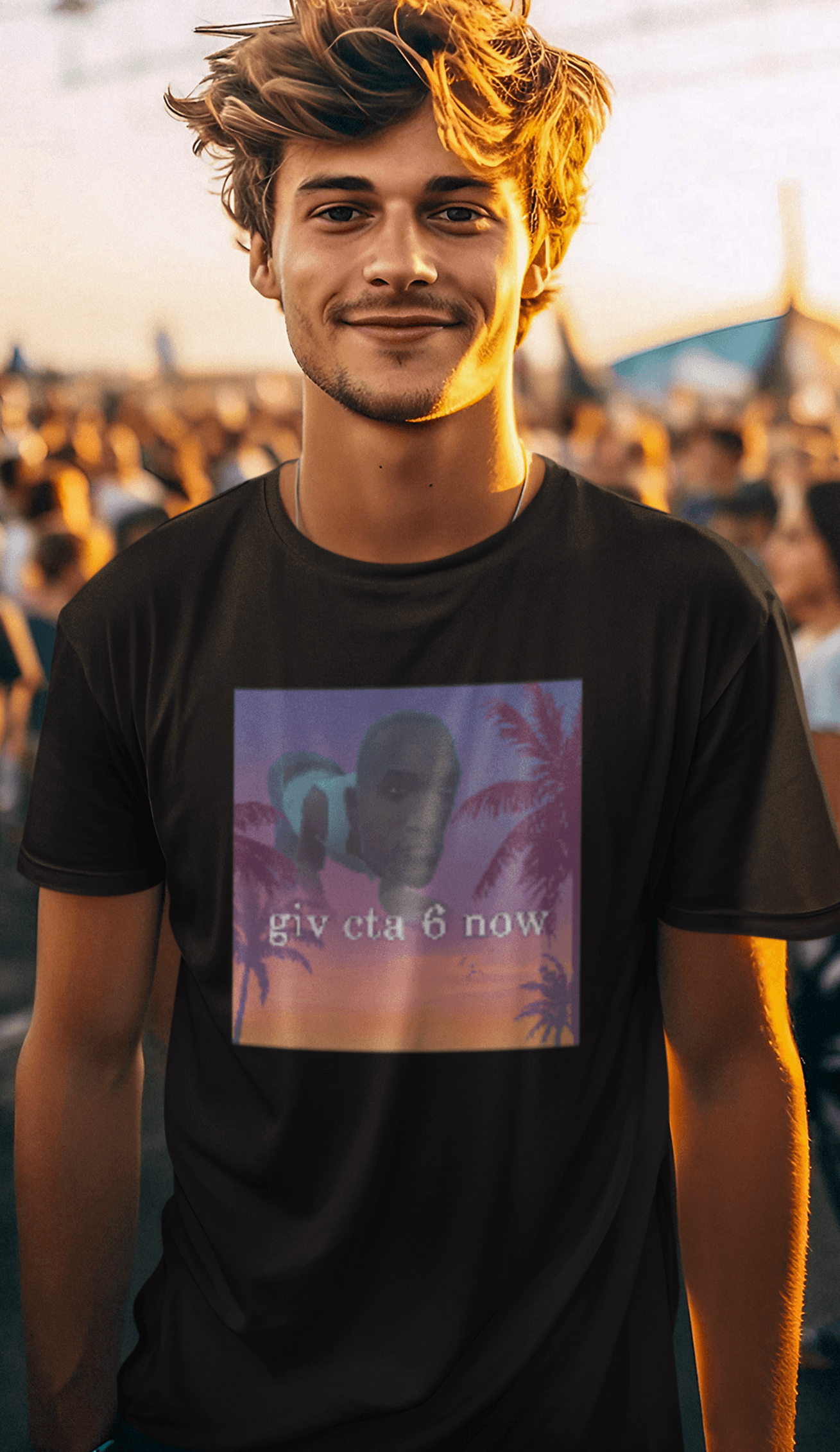 A man wearing a black T-shirt with an aesthetic miami imagery and a funny depiction cj from GTA San Andreas in the background written &quot;giv cta 6 now&quot;