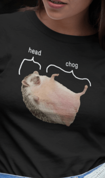 A woman wears a black T-shirt featuring a cute hedgehog, which says &quot;head&quot; pointing at his head, and &quot;chog&quot; pointing at the rest of his body