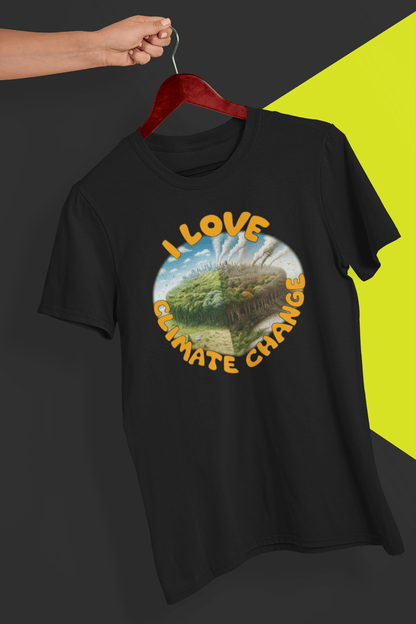 A black T-shirt with trees and factories written &quot;I love climate change&quot;, held by a hand against a split black and yellow background.