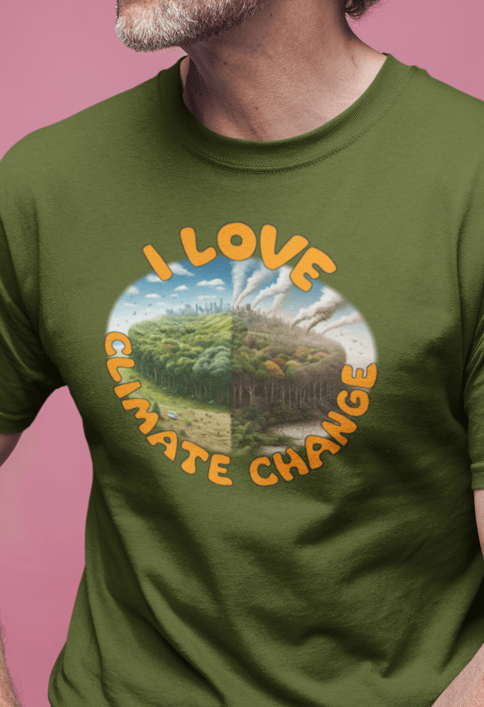 A man a dark green T-shirt with trees and factories written &quot;I love climate change&quot;.