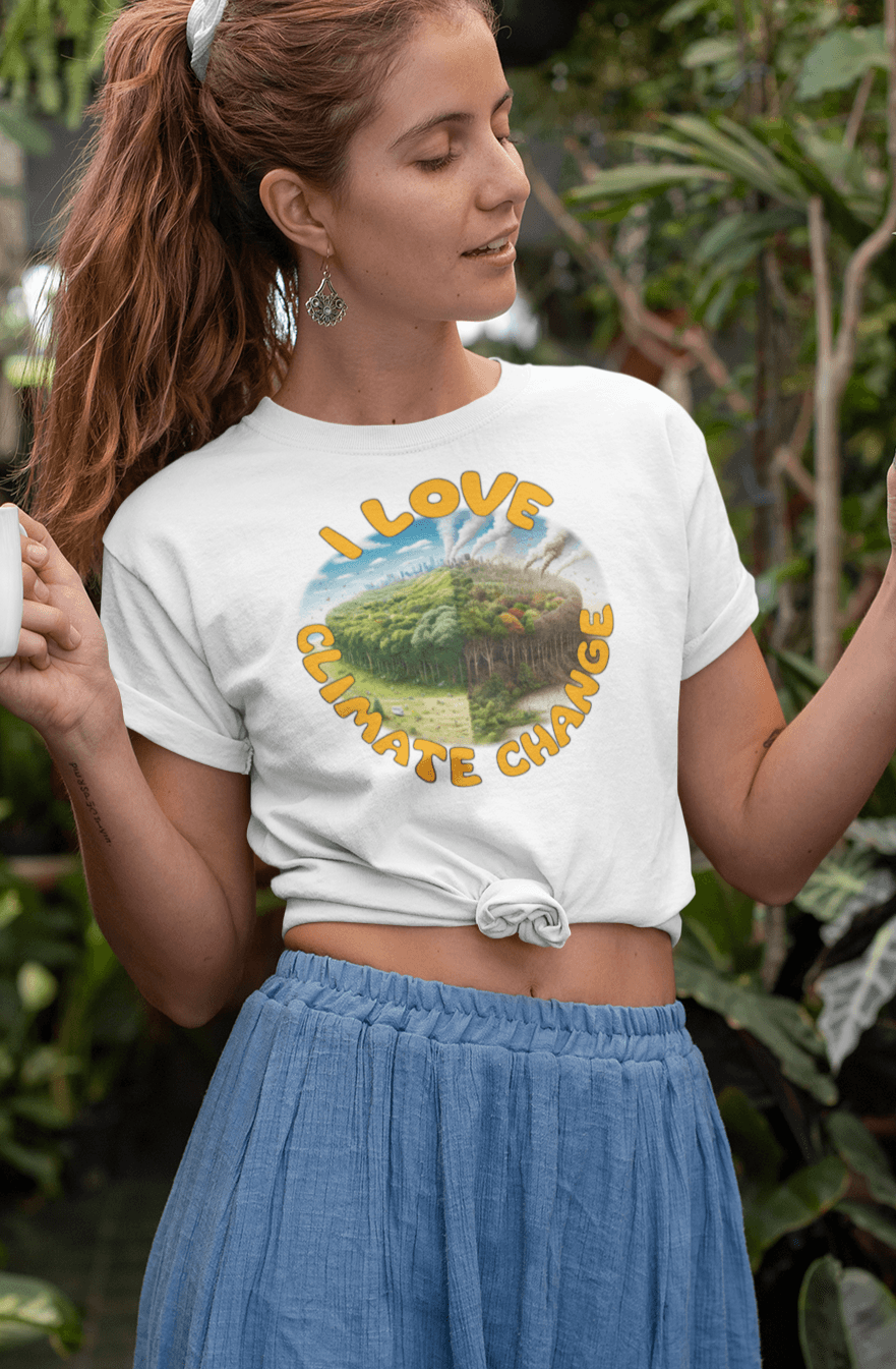 A woman a white T-shirt with trees and factories written &quot;I love climate change&quot;.