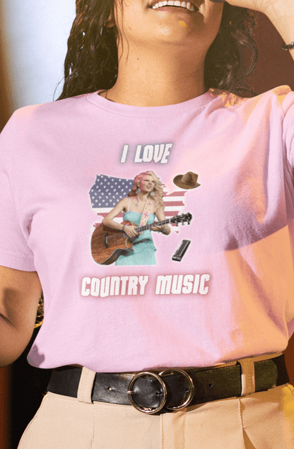 A woman wears a pink T-shirt featuring Taylor Swift that says &quot;I Love Country Music&quot;.