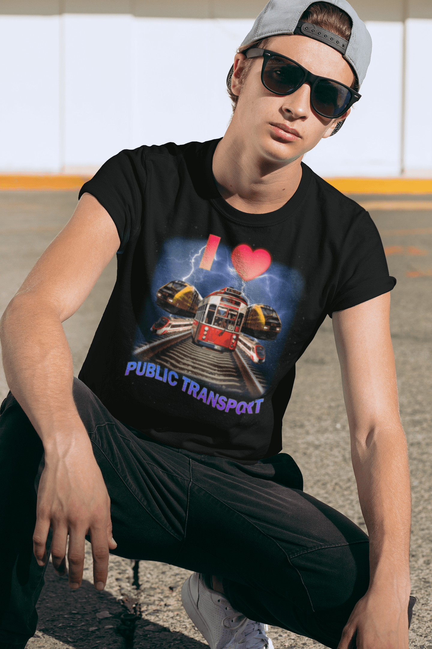 A man wears a T-shirt with trains, trams and rails written &quot;I Love Public Transport&quot;