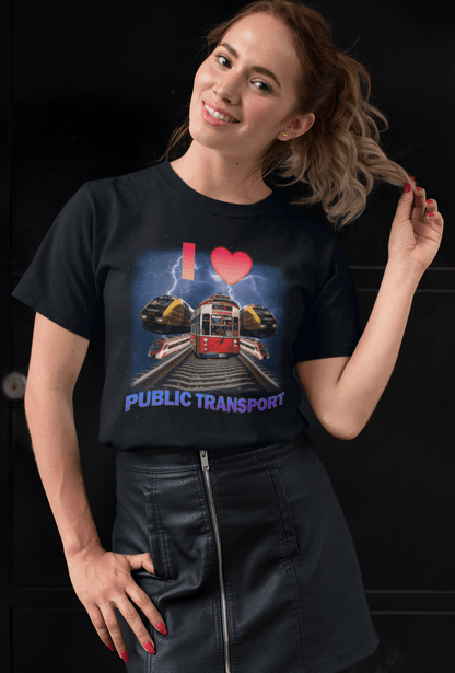 A woman wears a T-shirt with trains, trams and rails written &quot;I Love Public Transport&quot;