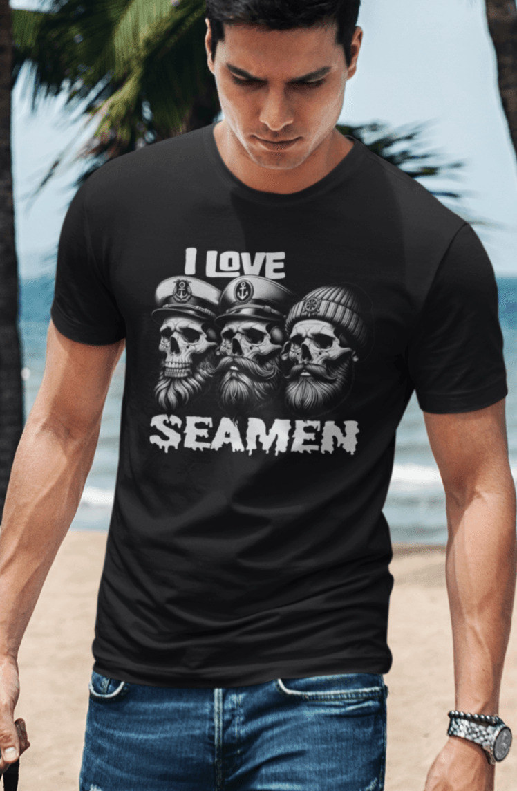 A man wears a black T-shirt three men of the sea written &quot;I Love Seamen&quot;.