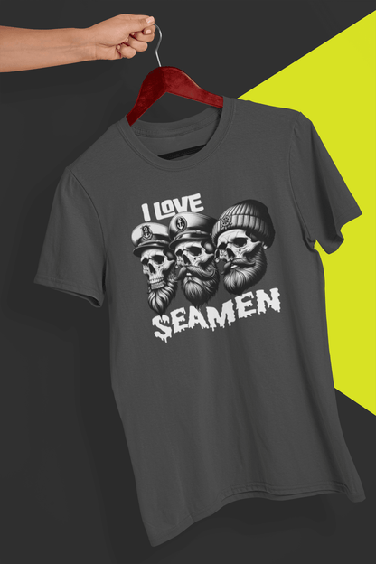 A gray T-shirt with three men of the sea written &quot;I Love Seamen&quot;. is hung on a red hanger, held by a hand against a split black and yellow background.