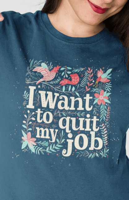 A woman wears a navy-blue T-shirt featuring a typography design, saying &quot;I want to quit my job&quot;.