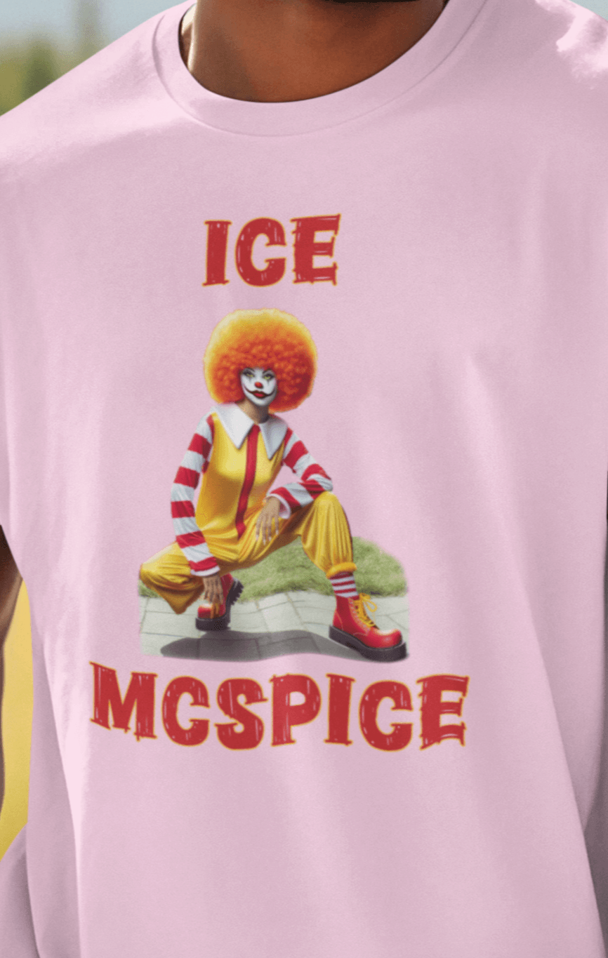 A man wearing a pink T-shirt featuring a woman who looks like the rapper Ice Spice dressed as Ronald McDonald, saying &quot;Ice McSpice&quot;