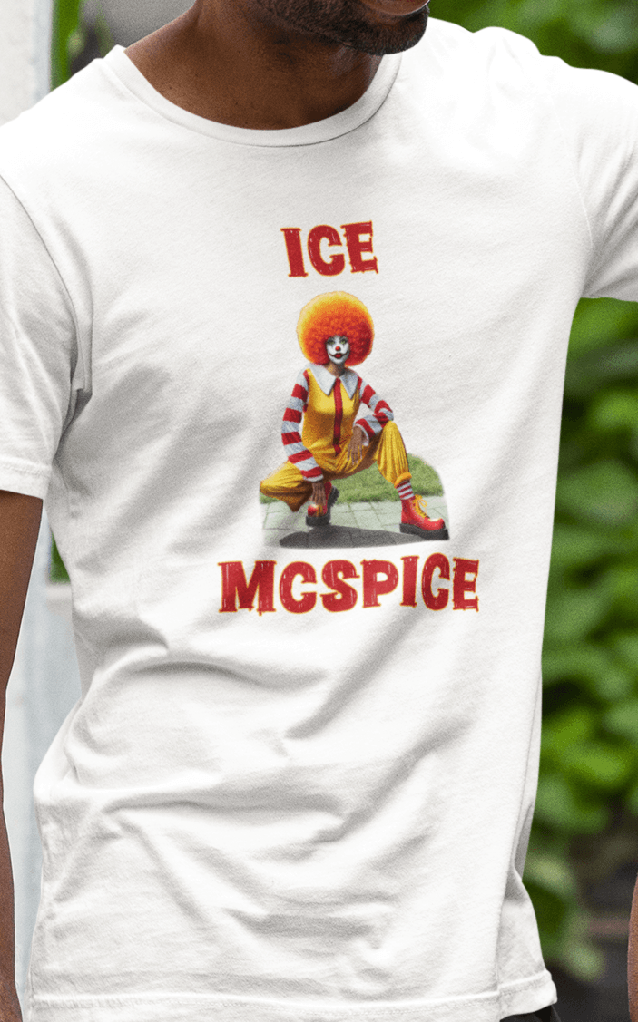 A man wearing a white T-shirt featuring a woman who looks like the rapper Ice Spice dressed as Ronald McDonald, saying &quot;Ice McSpice&quot;