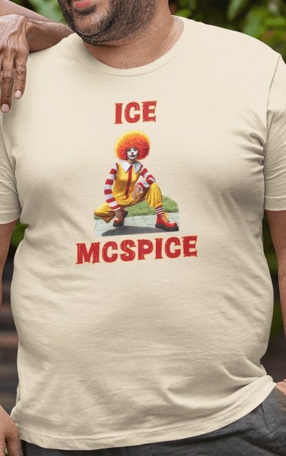 A man wearing an off-white T-shirt featuring a woman who looks like the rapper Ice Spice dressed as Ronald McDonald, saying &quot;Ice McSpice&quot;