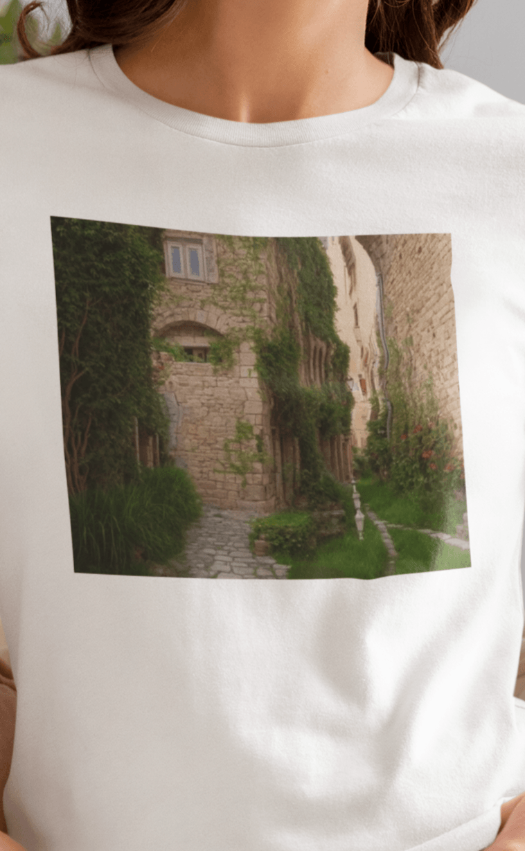 A woman wears a white T-shirt featuring a landscape generated by artificial intelligence that looks like Jimmy or Saul from Better Call Saul and Breaking Bad