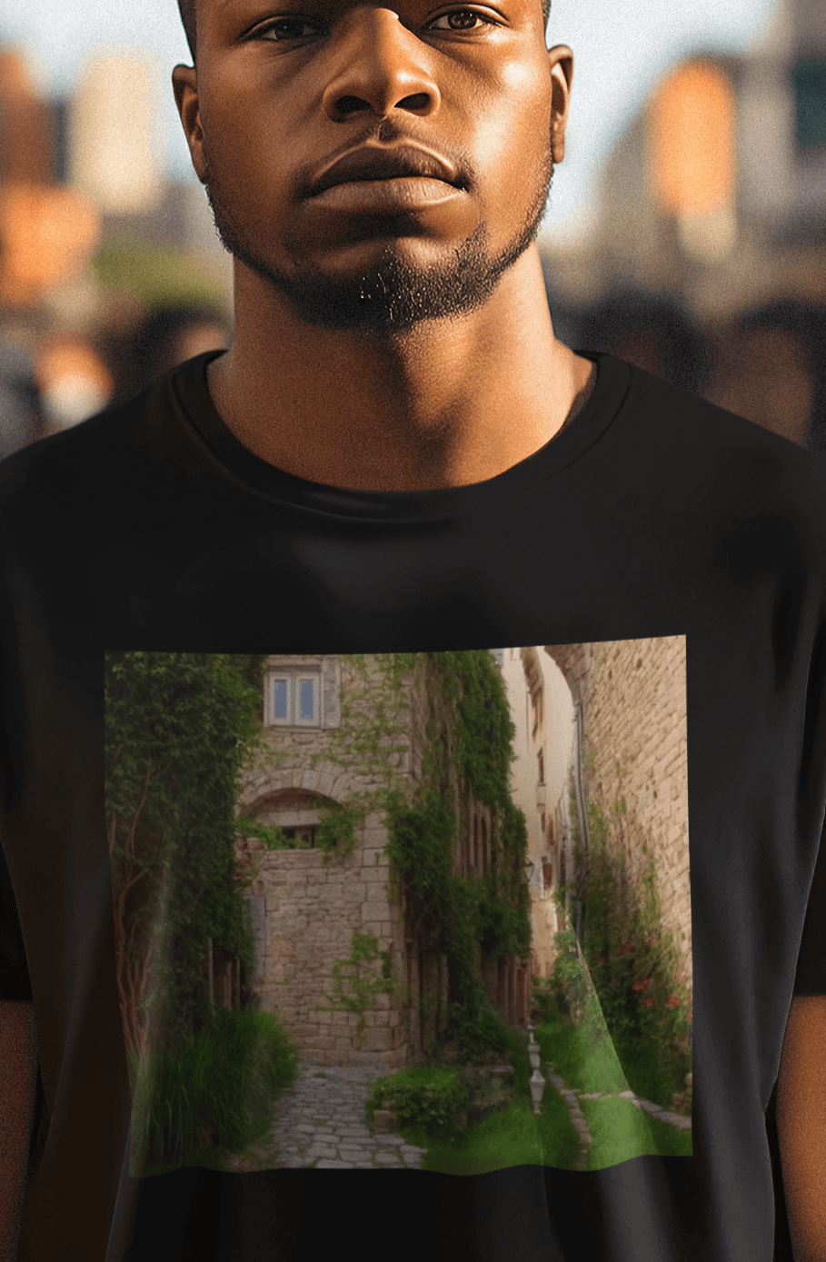 A man wears a black T-shirt featuring a landscape generated by artificial intelligence that looks like Jimmy or Saul from Better Call Saul and Breaking Bad