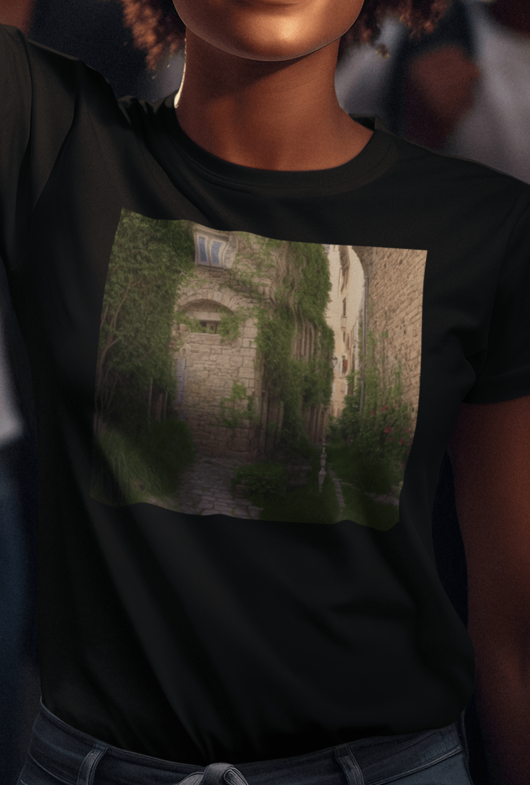 A woman wears a black T-shirt featuring a landscape generated by artificial intelligence that looks like Jimmy or Saul from Better Call Saul and Breaking Bad