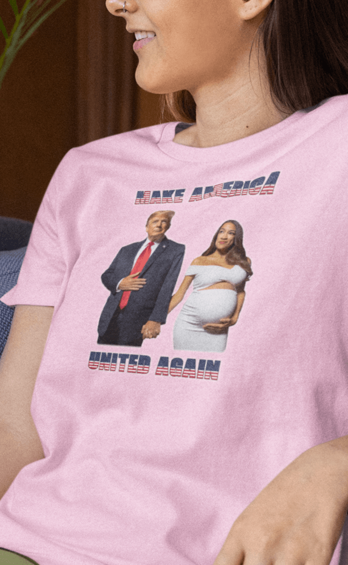 A woman wearing a pink T-shirt with an AI depiction of Donald Trump and pregnant AOC holding hands, saying &quot;Make America United Again&quot;.