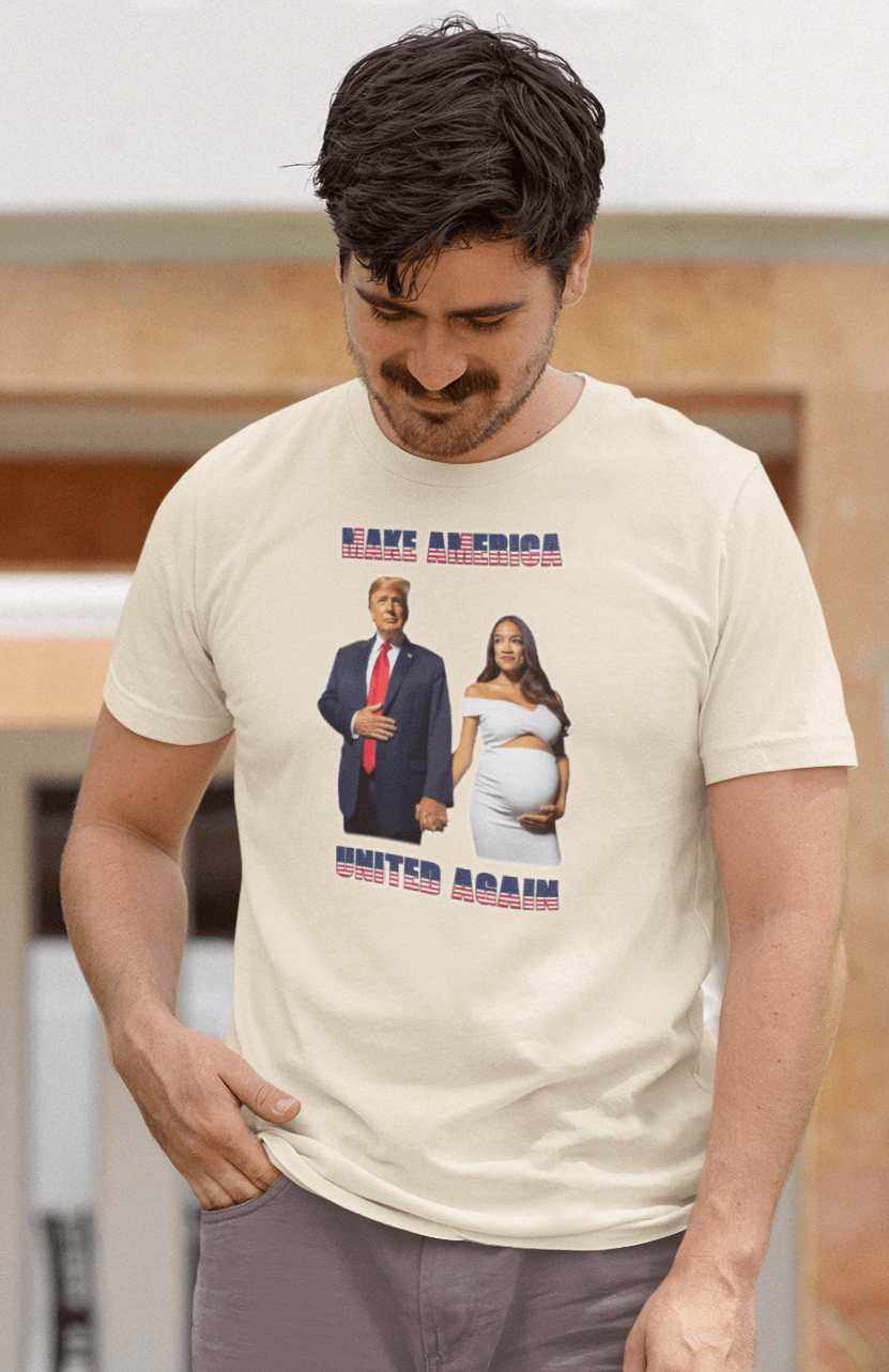 A man wearing a off-white T-shirt with an AI depiction of Donald Trump and pregnant AOC holding hands, saying &quot;Make America United Again&quot;.