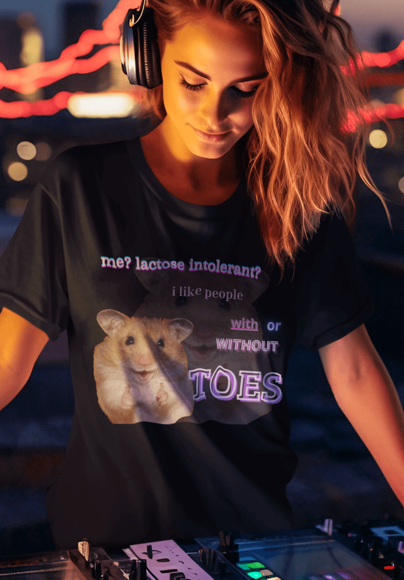 A woman DJ wears a black T-shirt featuring a cute hamster doin a thumbs up written &quot;Me? Lactose intolerant? I like people with or without TOES&quot;