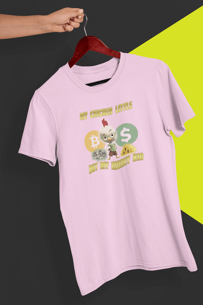 A pink T-shirt featuring Chicken Little that says &quot;My Chicken Little But My Money Big&quot;, held by a hand against a split black and yellow background.