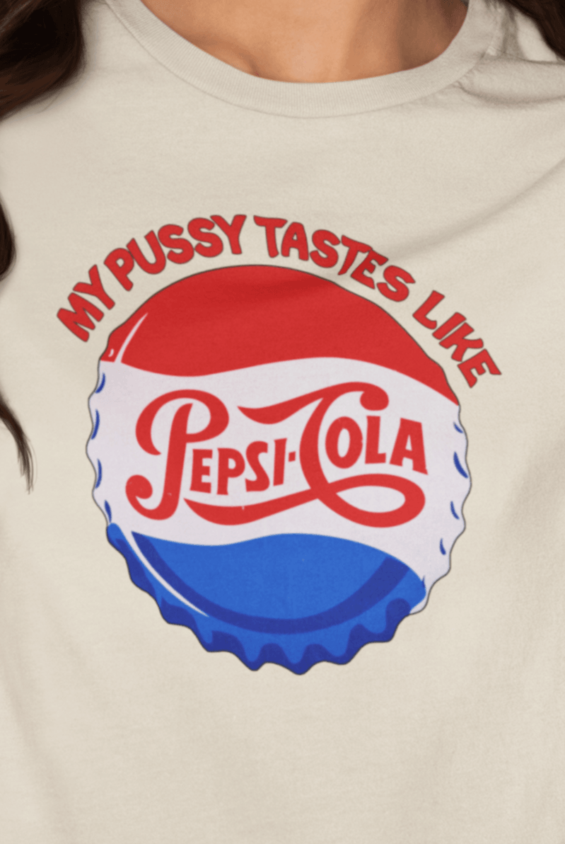 A woman wears an off-white T-shirt that says &quot;My pussy tastes like Pepsi Cola&quot;