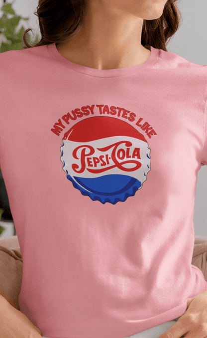 A woman wears a pink T-shirt that says &quot;My pussy tastes like Pepsi Cola&quot;