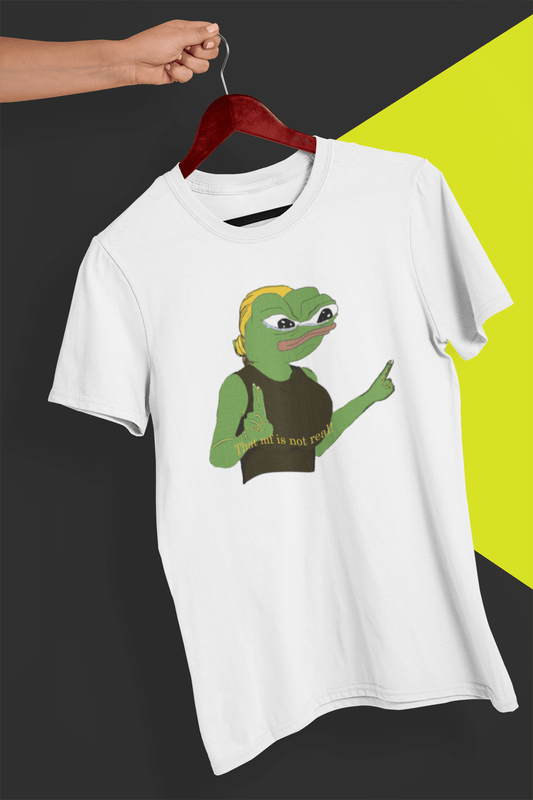 A white T-shirt with a cute apu apustaja pepe in the middle pointing and written &quot;That MF isn&#39;t real!&quot;, held by a hand against a split black and yellow background.