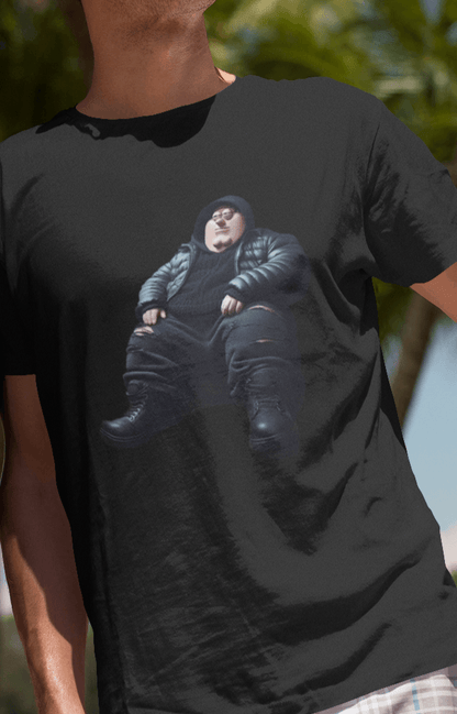 A man wearing a black T-shirt with Peter Griffin dripped out in the middle.