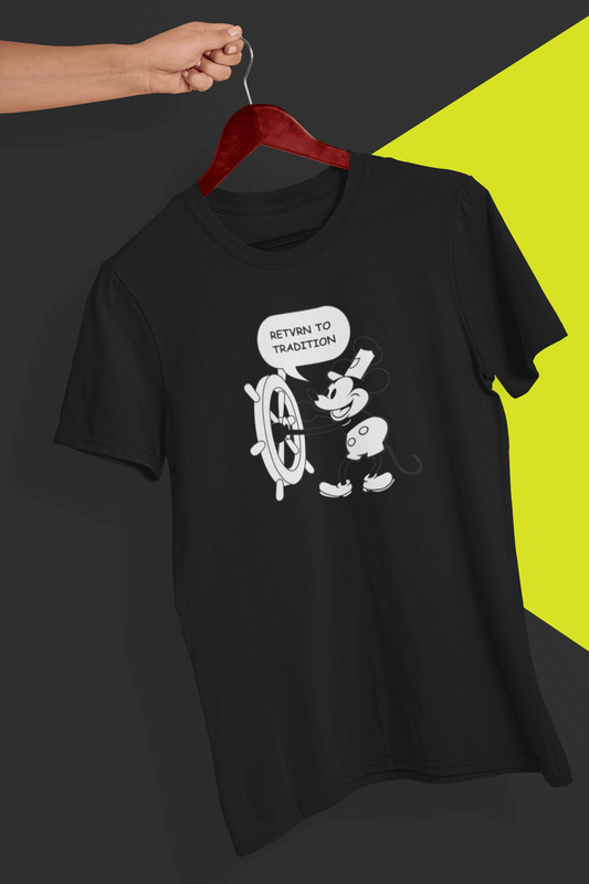 A black T-shirt with a cute retro Mickey Mouse (Willy) driving a steamboat in the middle, saying &quot;Return to tradition&quot;, held by a hand against a split black and yellow background.