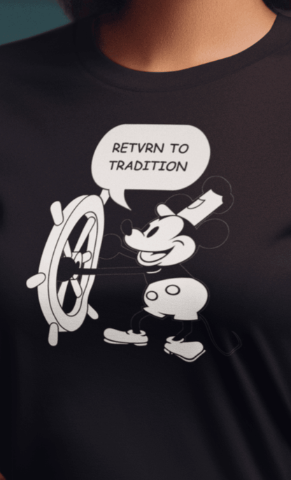 A woman wears a black T-shirt featuring a cute retro Mickey Mouse (Willy) driving a steamboat in the middle, saying &quot;Return to tradition&quot;.