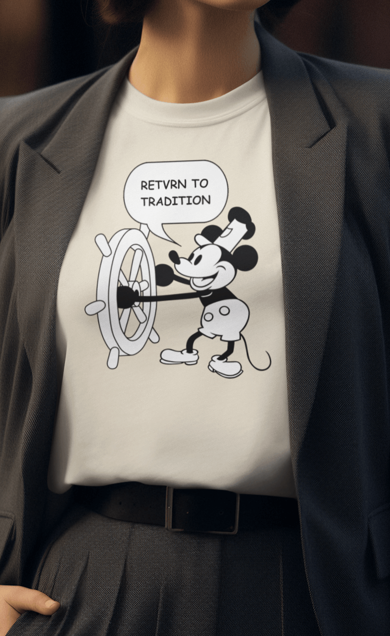 A woman wears an off-white T-shirt featuring a cute retro Mickey Mouse (Willy) driving a steamboat in the middle, saying &quot;Return to tradition&quot;.