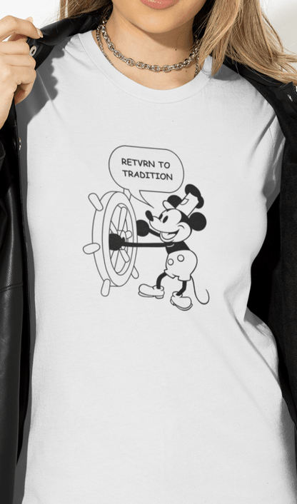 A woman wears a white T-shirt featuring a cute retro Mickey Mouse (Willy) driving a steamboat in the middle, saying &quot;Return to tradition&quot;.