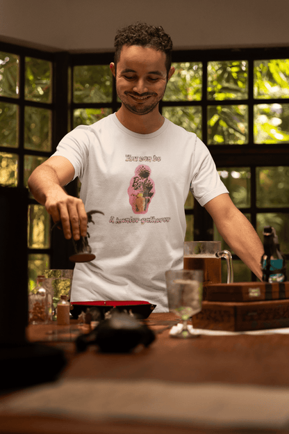 A man wears a white T-shirt featuring the venus impudique that says &quot;Barbie You can be a hunter-gatherer&quot;.