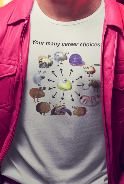 A man wears an off-white T-shirt saying &quot;Your many career choices:&quot;, featuring a bunch of cute weird monsters