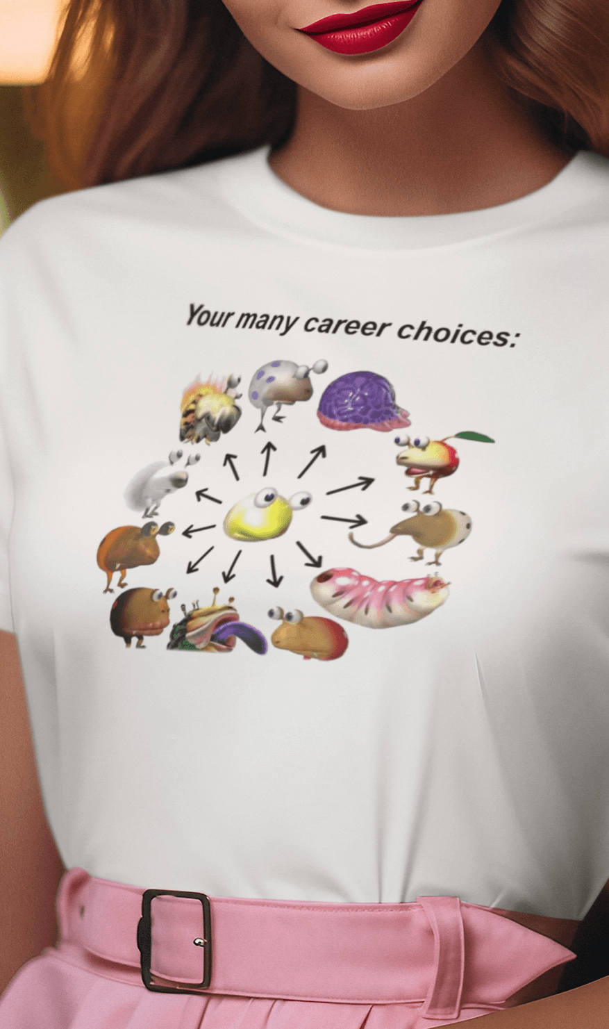 A woman wears a white T-shirt saying &quot;Your many career choices:&quot;, featuring a bunch of cute weird monsters